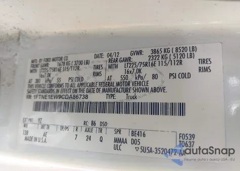 2012 Ford E-150 Commercial из США, поврежденный, VIN 1FTNE1EW9CDA86738